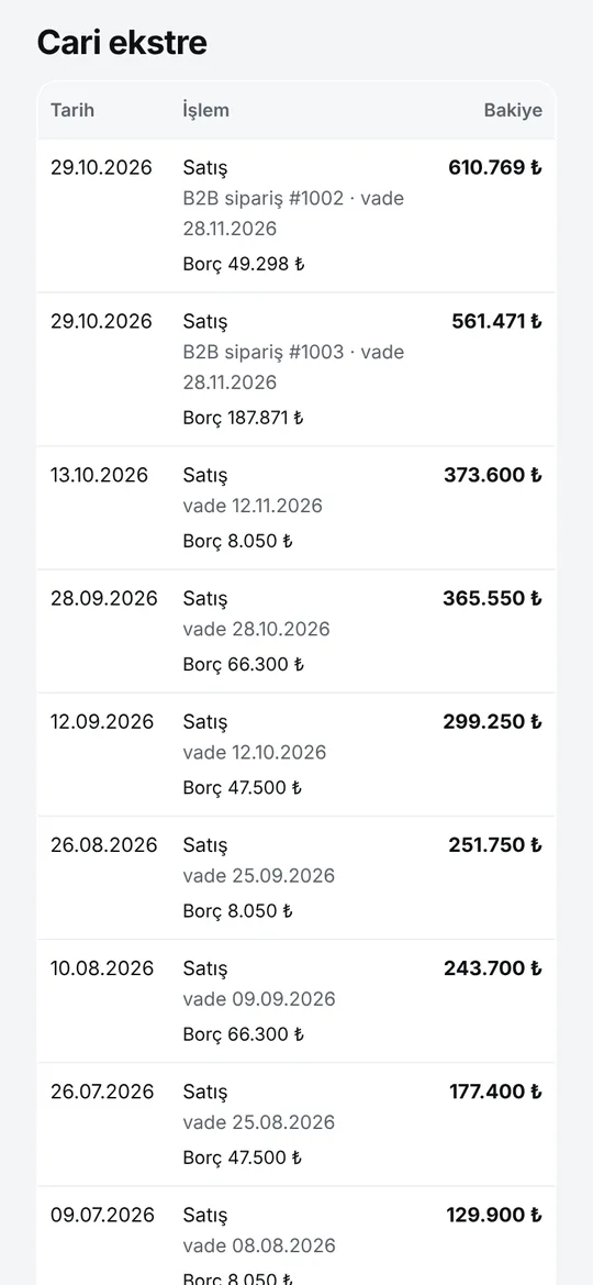 Bayi paneli: cari ekstre