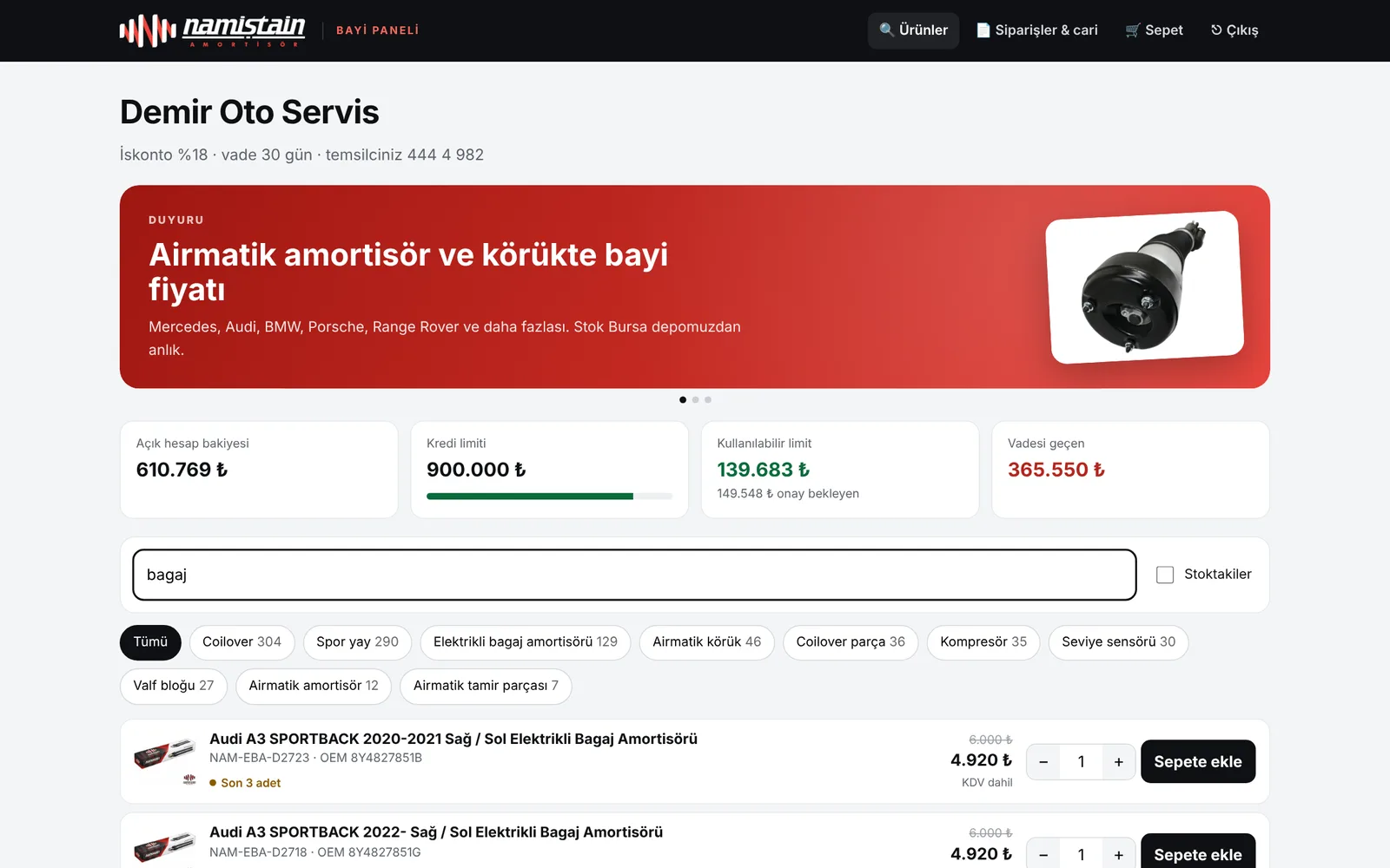 Bayi paneli masaüstü görünümü