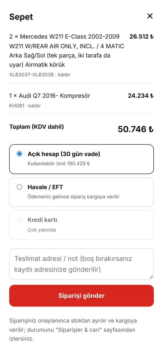 Bayi paneli: sepet ve ödeme