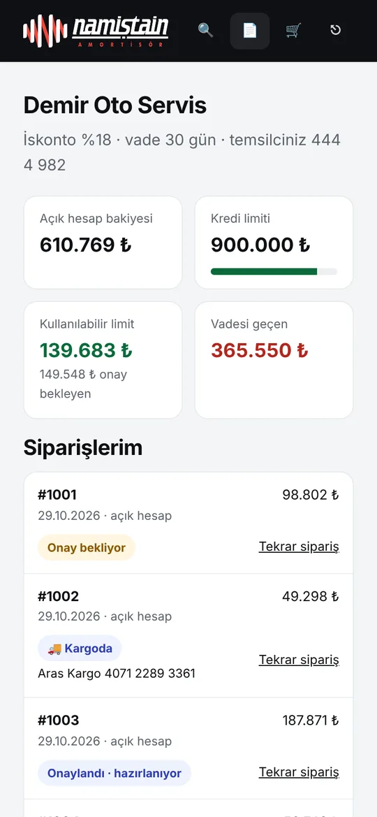 Bayi paneli: siparişlerim