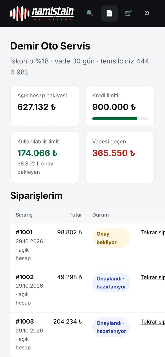 B2B bayi portalı telefon ekranı: Siparişler ve ekstre
