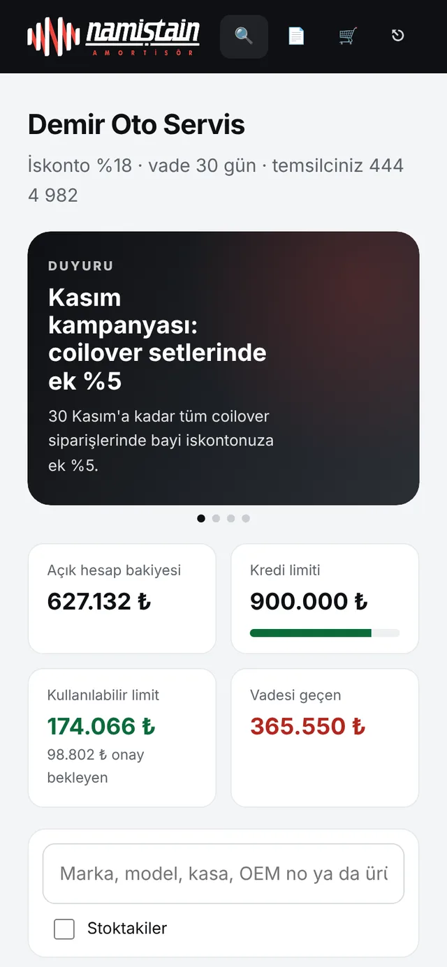B2B bayi portalı telefon ekranı: Bakiye, limit, duyuru