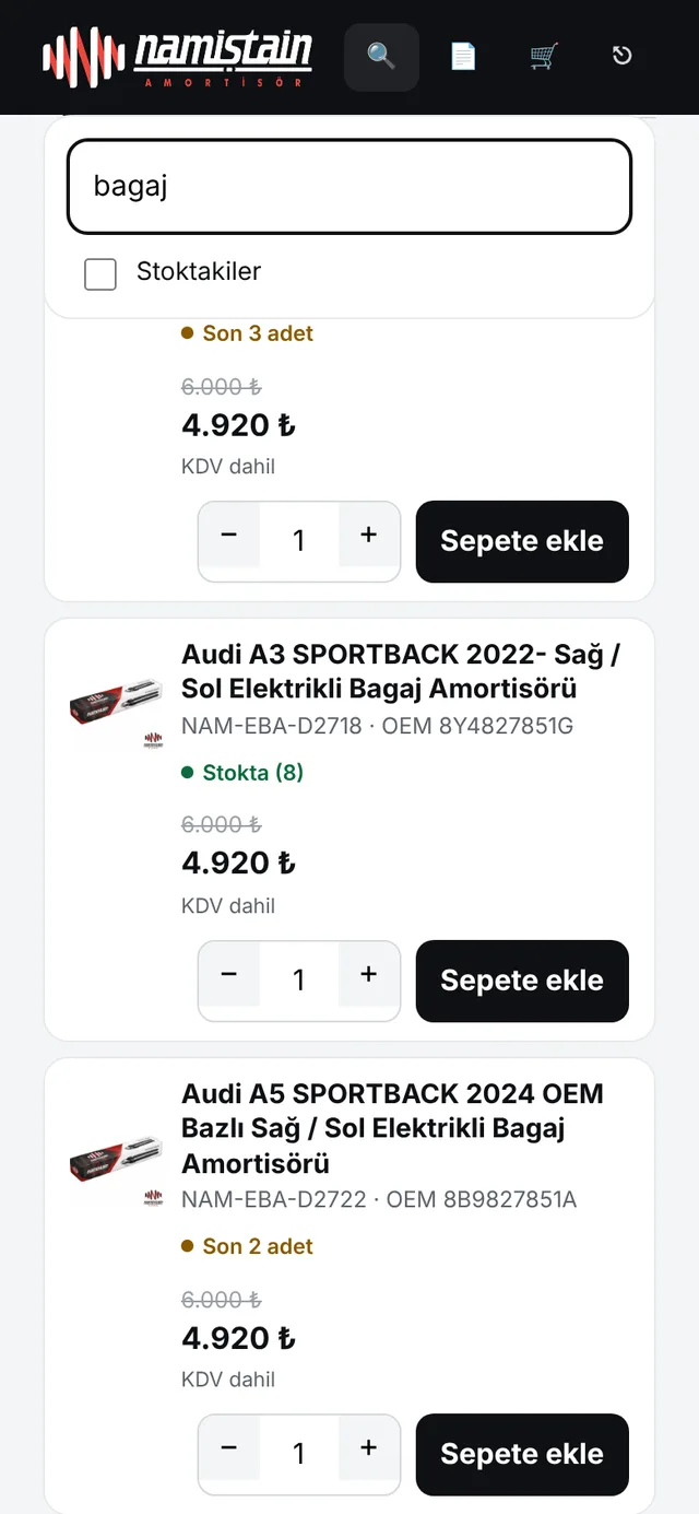 B2B bayi portalı telefon ekranı: Arama ve sepet
