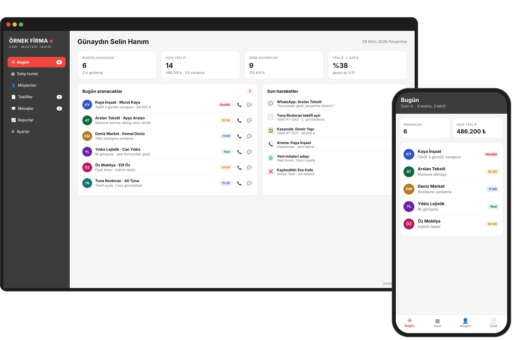 CRM: masaüstü ve telefon ekranı (örnek tasarım)