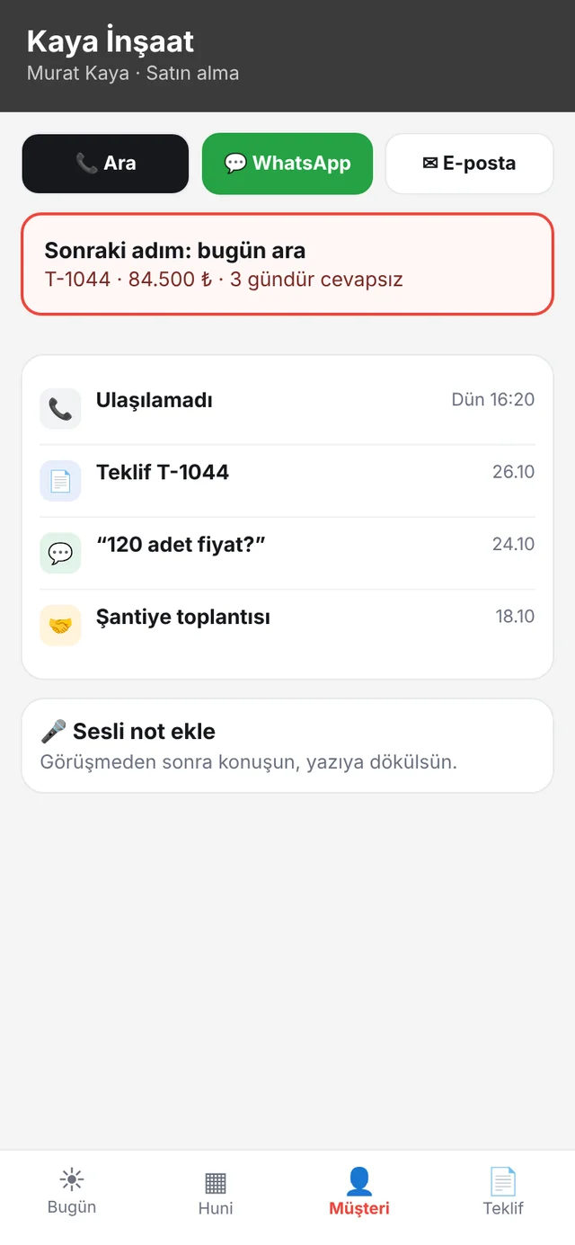 CRM telefon ekranı: Müşteri: ara, WhatsApp, not