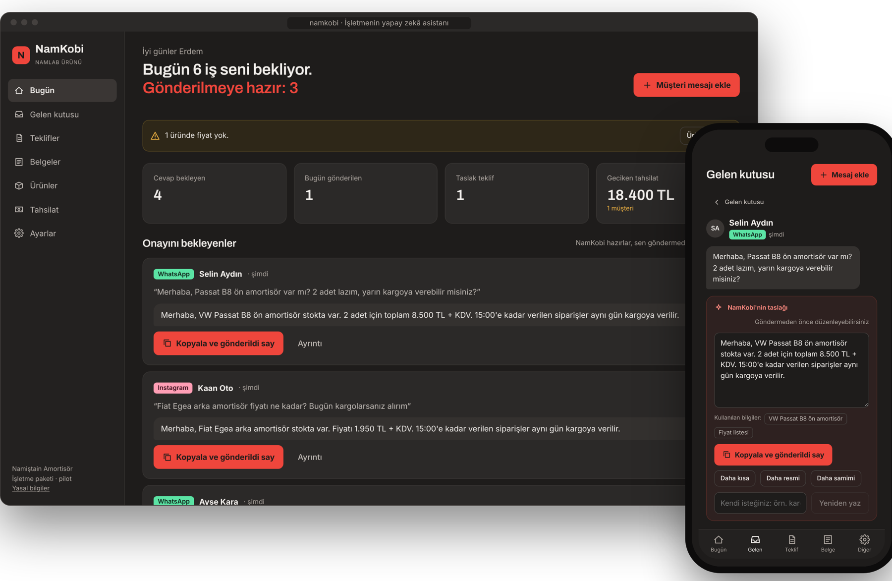 NamKobi bilgisayar ve telefon ekranları