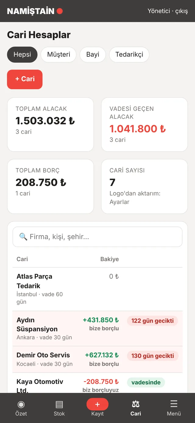 Ön muhasebe paneli telefon ekranı: Cari hesaplar