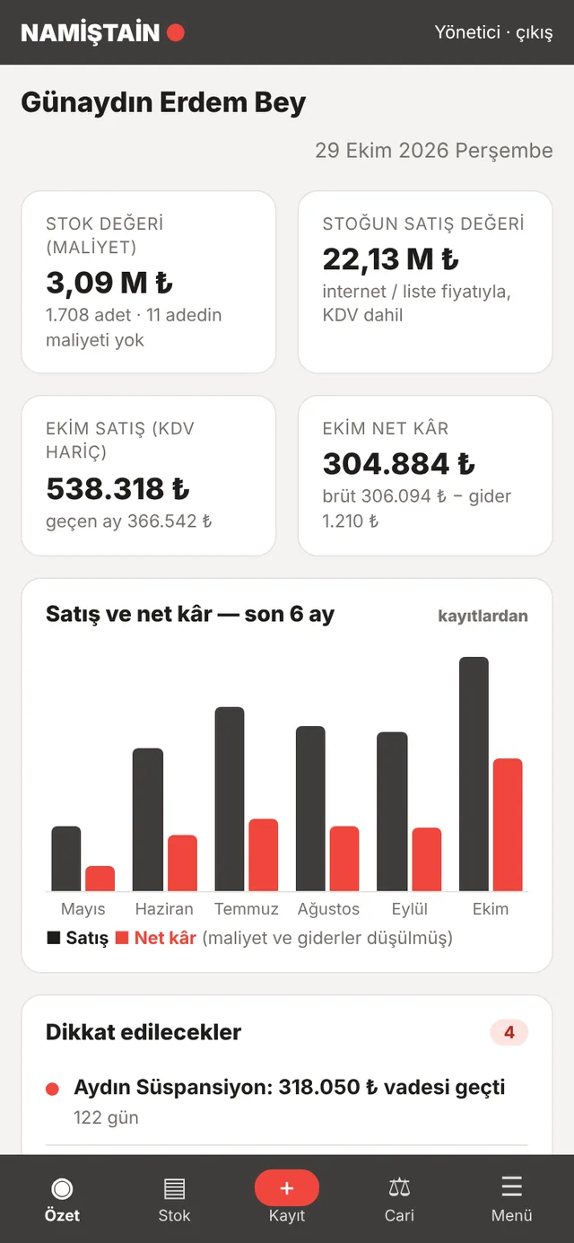Ön muhasebe paneli telefon ekranı: Genel bakış