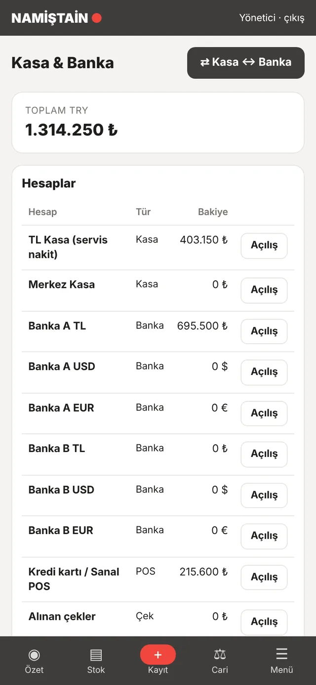 Ön muhasebe paneli telefon ekranı: Kasa ve banka