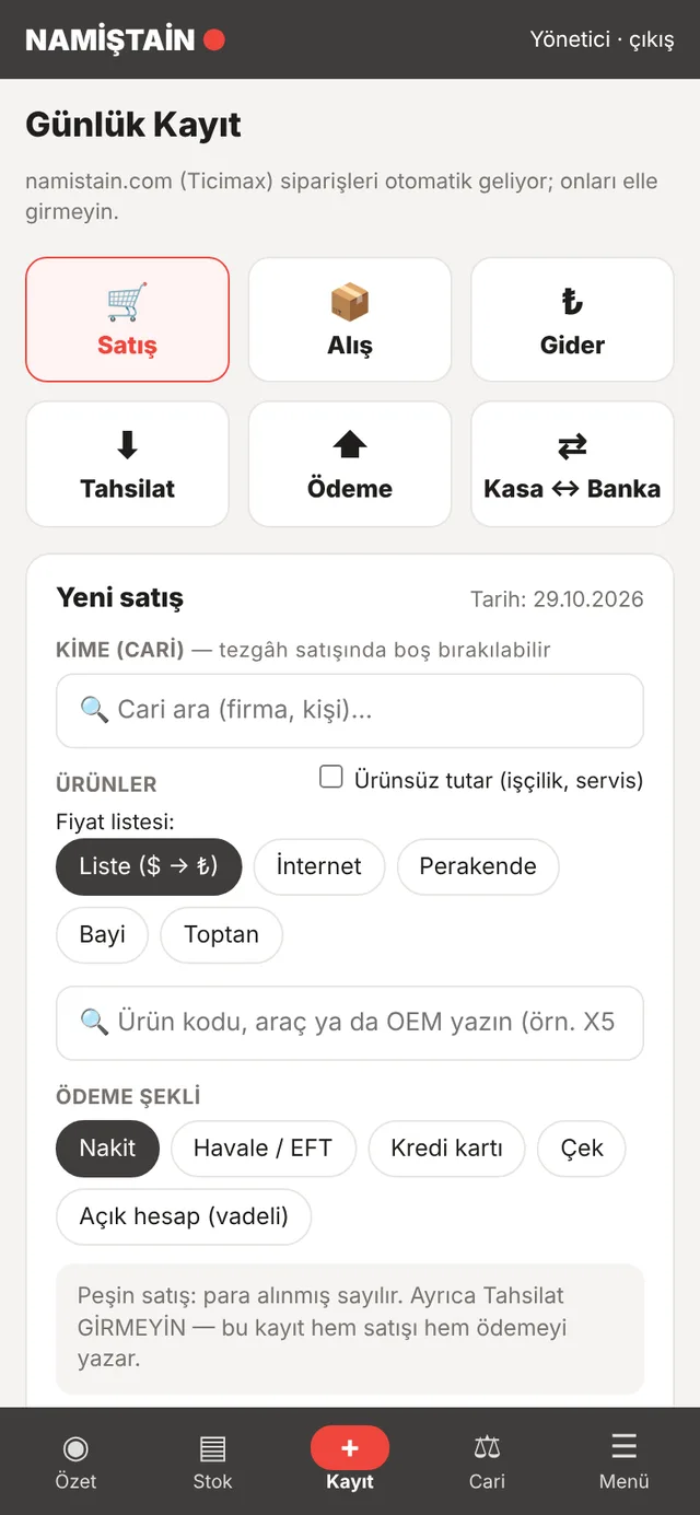 Ön muhasebe paneli telefon ekranı: Günlük kayıt